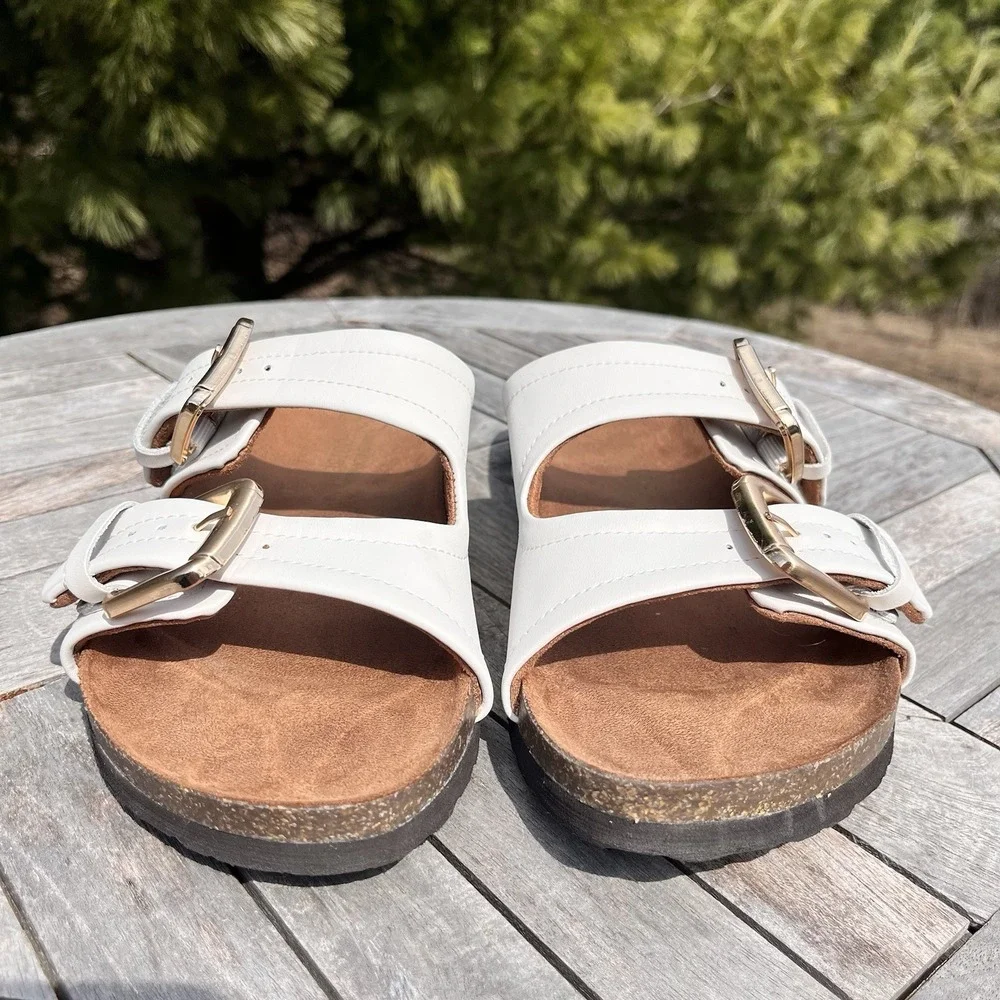 White Mountain Griffin Sandal Wmns Size 9 White Leather Double Strap Buckle Cork